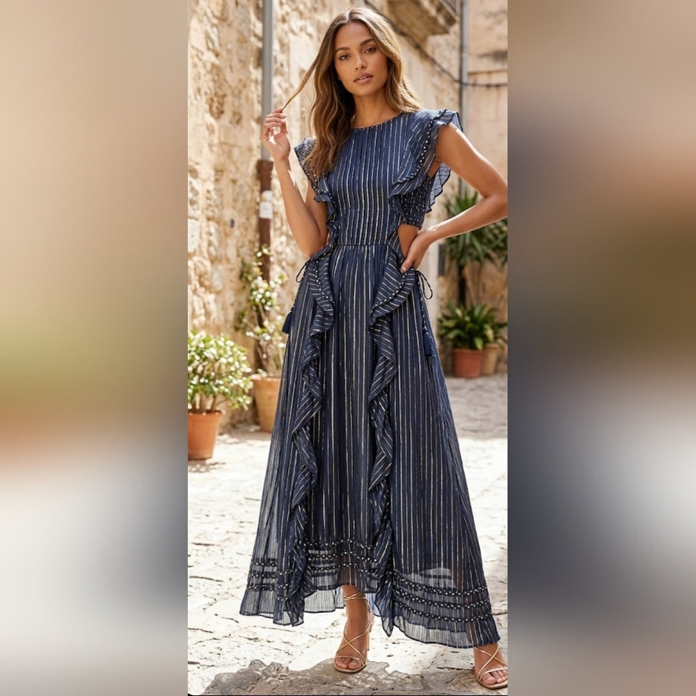 MISA Los Angeles Mika Metallic Cupro Maxi Dress Size XS